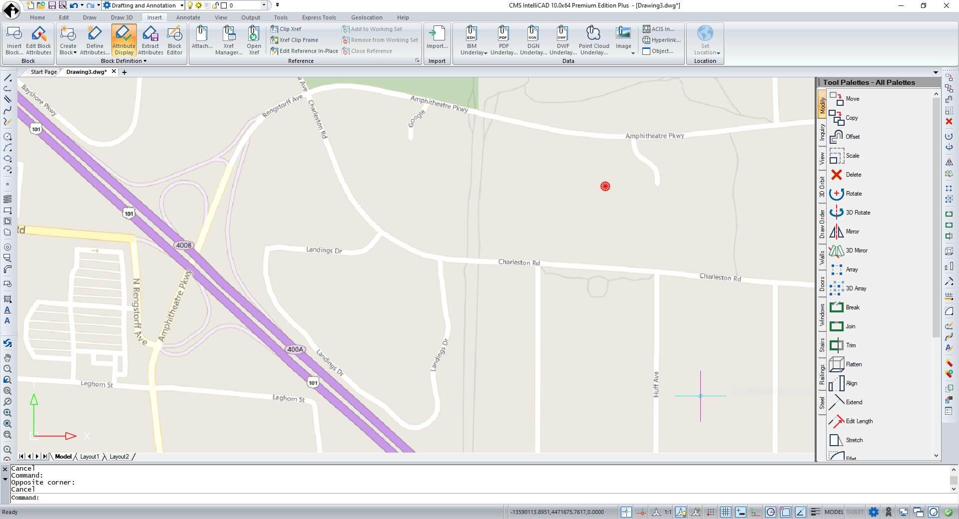 CMS IntelliCAD geographic map image insertion based on geographic location imported by .kml file